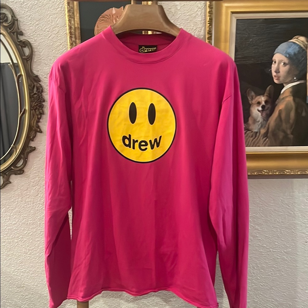 Drew House Long Sleeve Pink Tee with Yellow Smiley